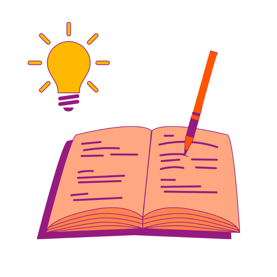 Geöffnete orangefarbene Buchseiten mit lila Text und einem orangefarbenen Stift, daneben eine gelbe Glühbirne mit Strahlen.
