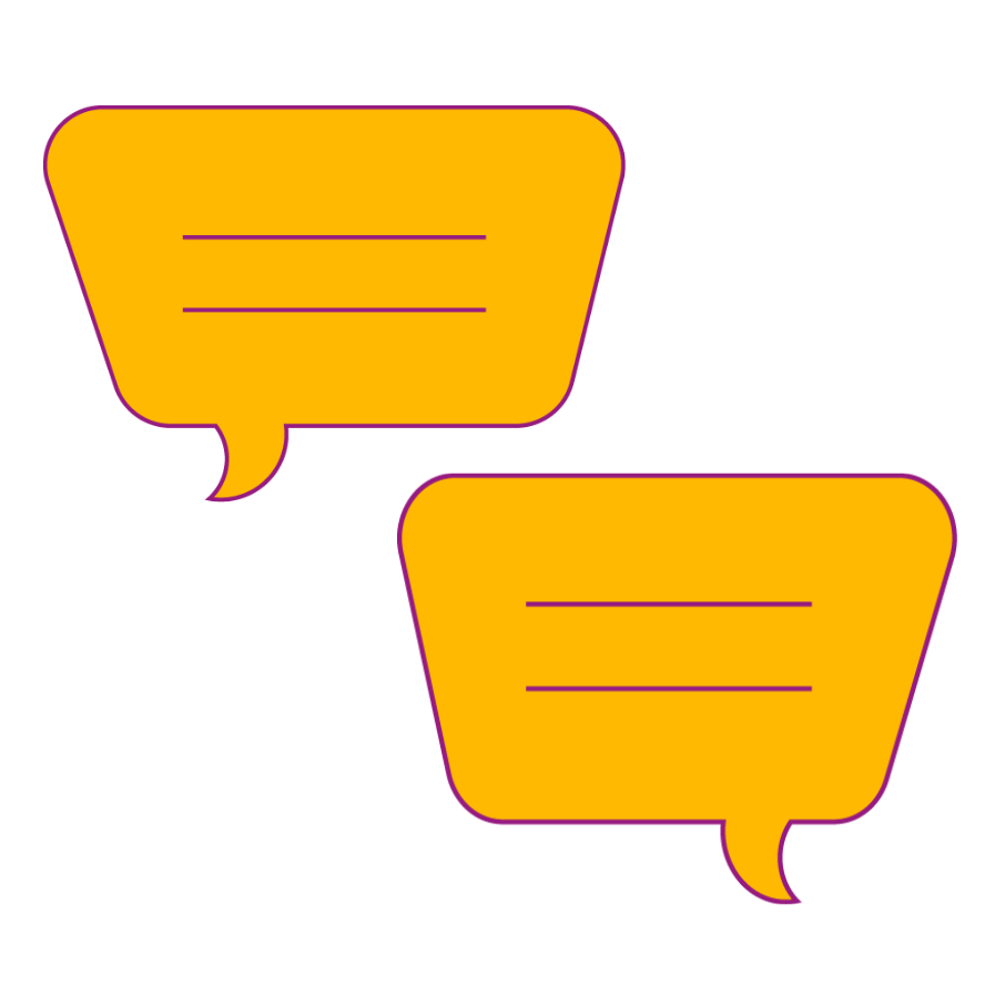 Zwei orangefarbene Sprechblasen mit jeweils zwei horizontalen Linien als Textplatzhalter.