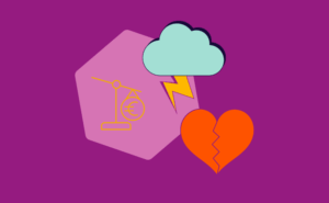 Rosa Sechseck mit gelber Waage und Eurozeichen, darüber eine Wolke mit Blitz, daneben ein zerbrochenes rotes Herz auf violettem Hintergrund.