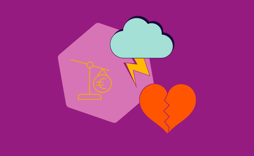 Rosa Sechseck mit gelber Waage und Eurozeichen, darüber eine Wolke mit Blitz, daneben ein zerbrochenes rotes Herz auf violettem Hintergrund.