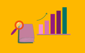 Bunte Illustration mit aufgeschlagenem Buch, Lupe und farbigen Balkendiagramm mit aufsteigendem Pfeil auf gelbem Hintergrund.