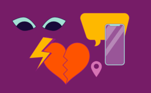 Auf dem Bild sieht man mehrere Illustrationen: Augen, ein Blitz, ein zerbrochenes Herz, eine Sprechblase, ein Standortpin und ein Smartphone