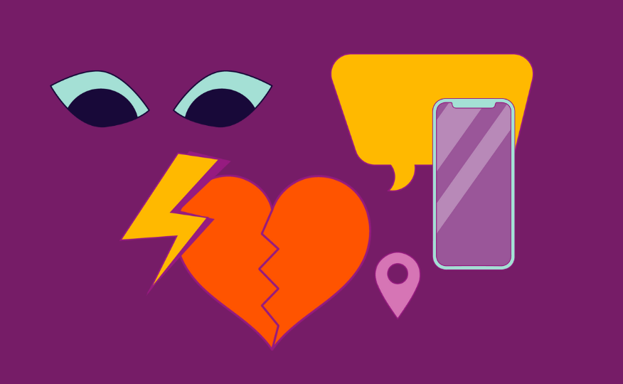 Auf dem Bild sieht man mehrere Illustrationen: Augen, ein Blitz, ein zerbrochenes Herz, eine Sprechblase, ein Standortpin und ein Smartphone